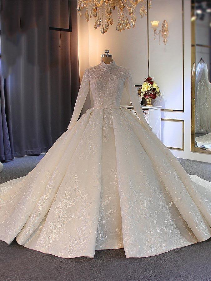 Exquisite High Collar Lace-Up Wedding Dresses with Long Sleeves
