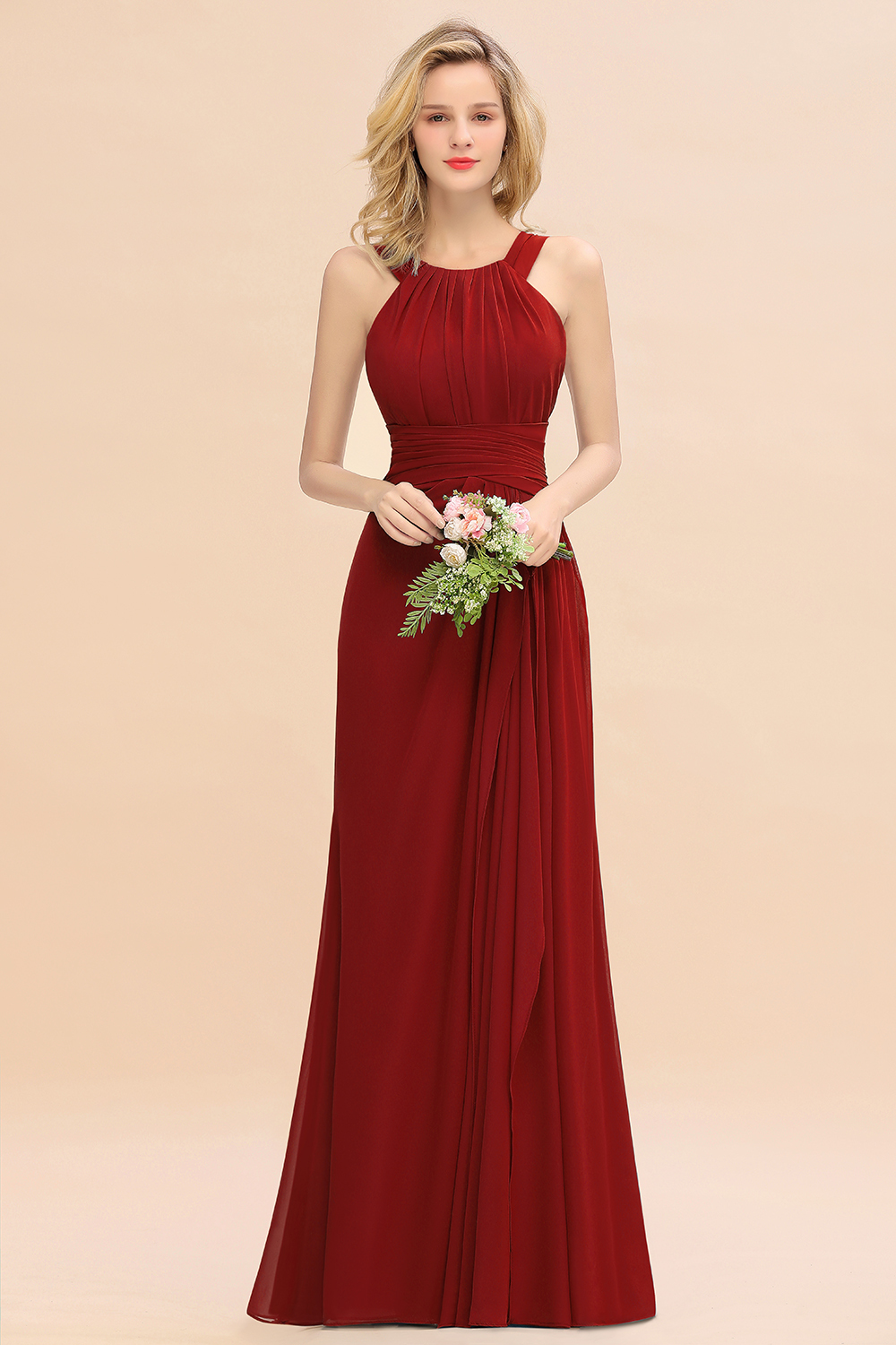 Long A-line Halter Chiffon Backless Floor-length Bridesmaid Dresses