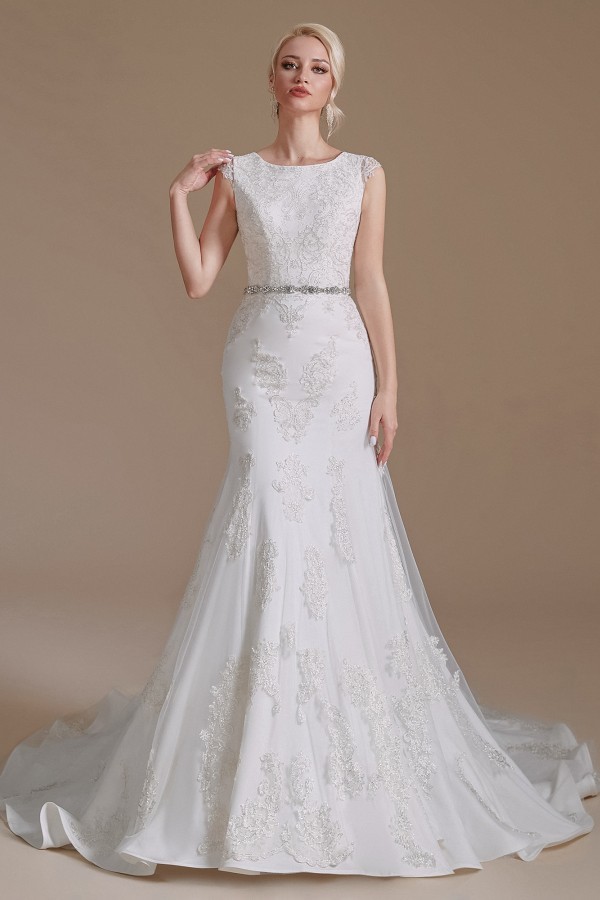 Gorgeous Long Mermaid Jewel Tulle Lace Wedding Dress