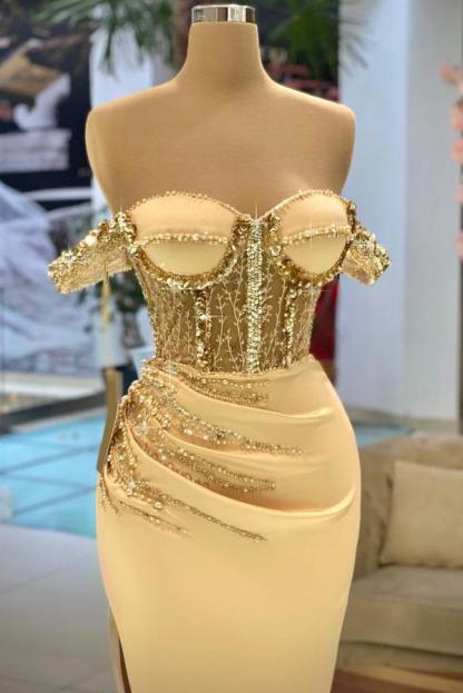 Long Mermaid Off The Shoulder Satin Sweetheart Prom Dress with Split Side