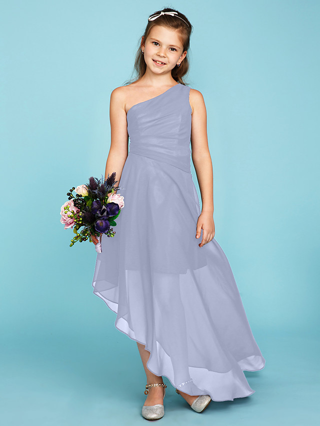 A-Line One Shoulder Asymmetrical Chiffon Junior Bridesmaid Dress With Side Draping / Wedding Party