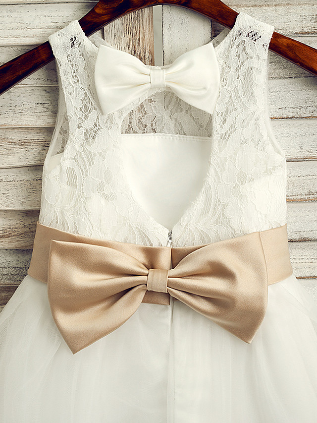 Princess Tea Length Wedding / First Communion Flower Girl Dresses - Lace / Tulle / Satin Chiffon Sleeveless Jewel Neck With Belt