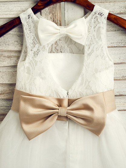 Princess Tea Length Wedding / First Communion Flower Girl Dresses - Lace / Tulle / Satin Chiffon Sleeveless Jewel Neck With Belt