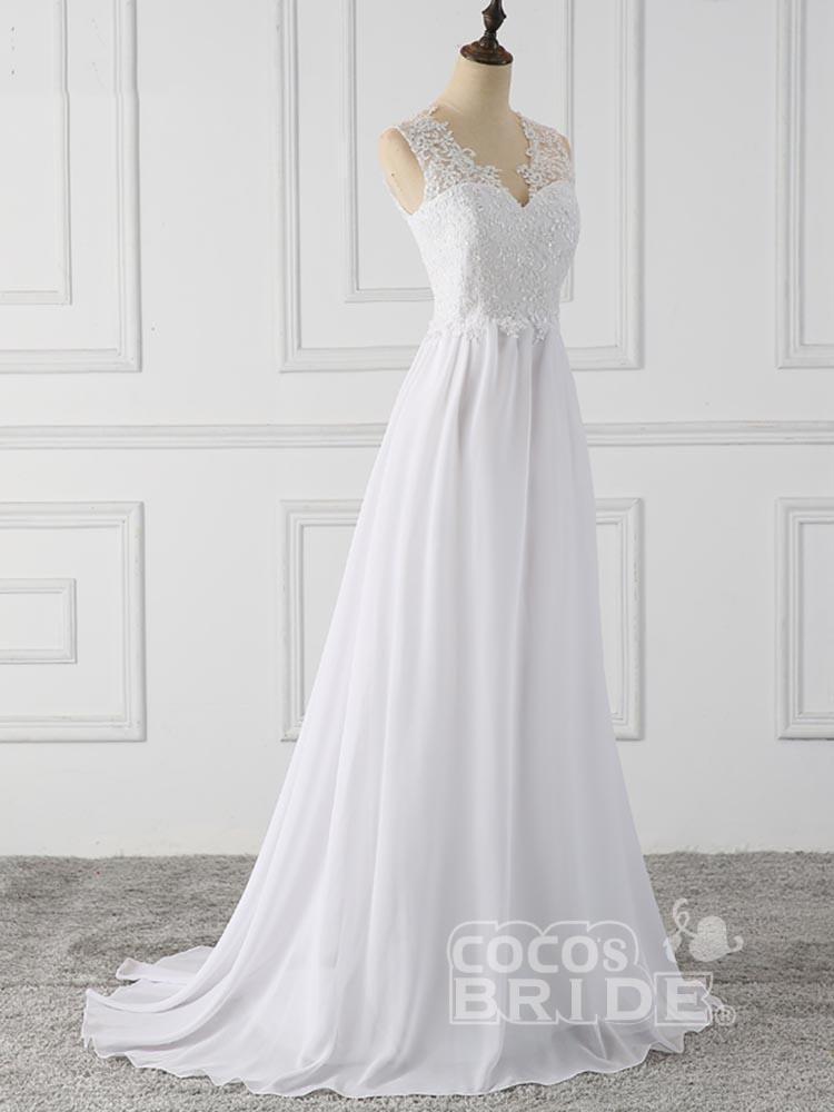 Elegant Long Chiffon V-Neck Sleeveless Covered Button Ruffles Wedding Dresses