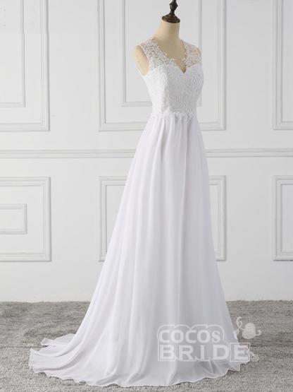 Elegant Long Chiffon V-Neck Sleeveless Covered Button Ruffles Wedding Dresses