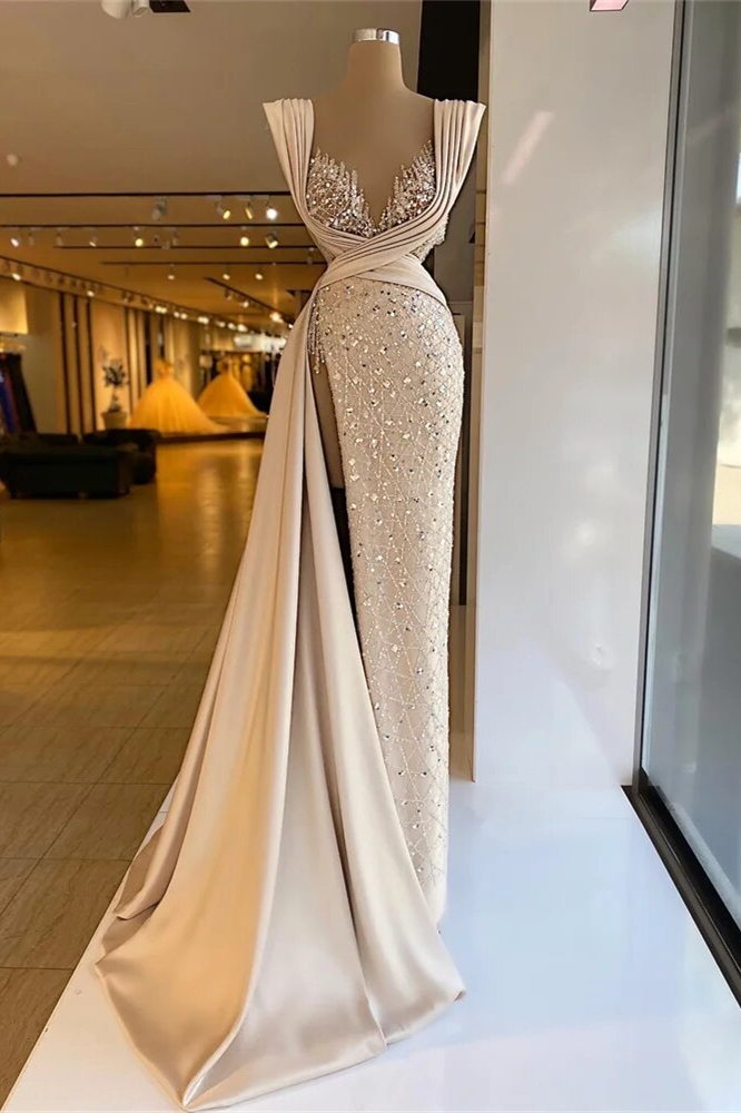 Mermaid Long Split Side V-Neck Satin Prom Dress with Beaded