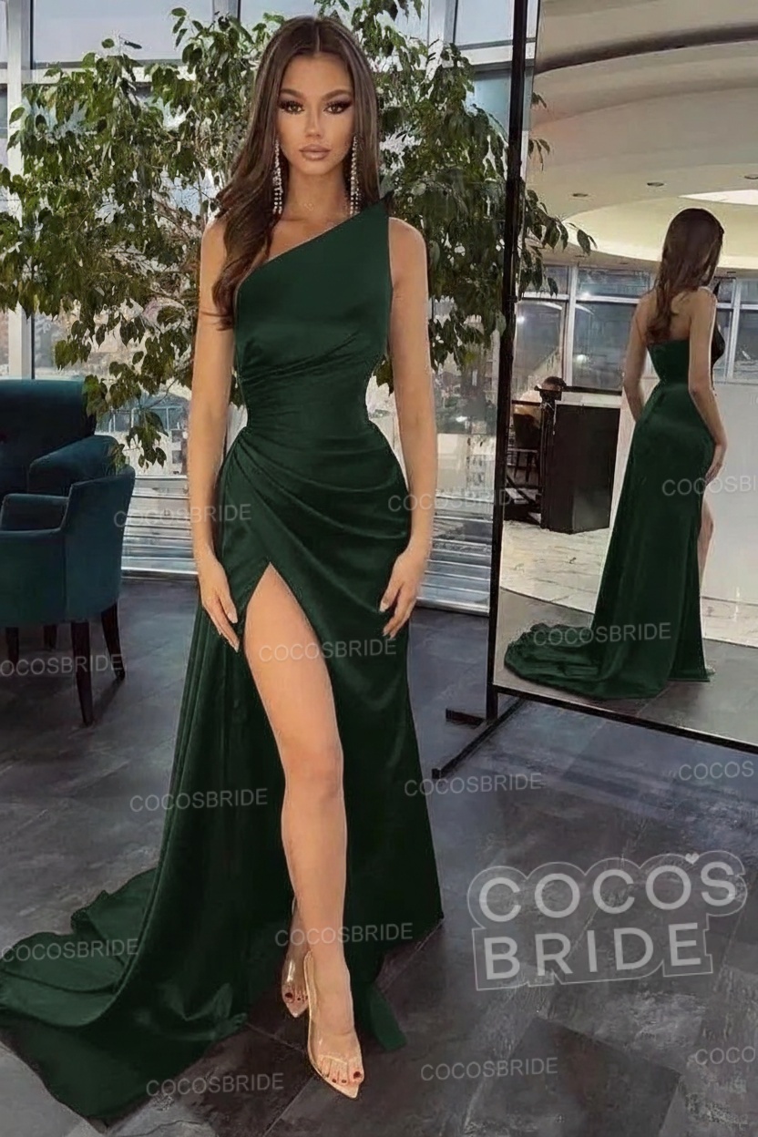 Elegant Black Long Mermaid One Shoulder Satin Prom Dress