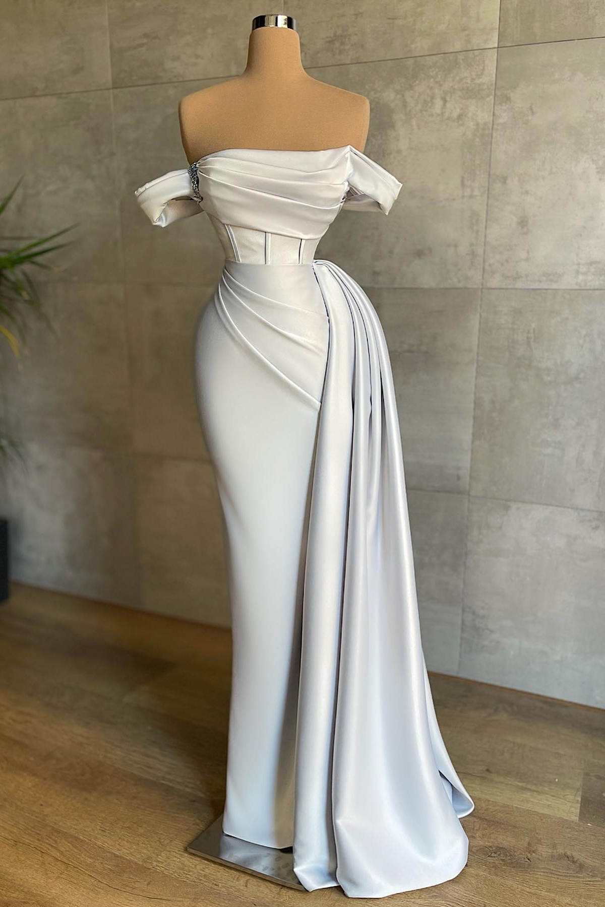 White Chic Off The Shoulder Mermaid Satin Long Prom Dress