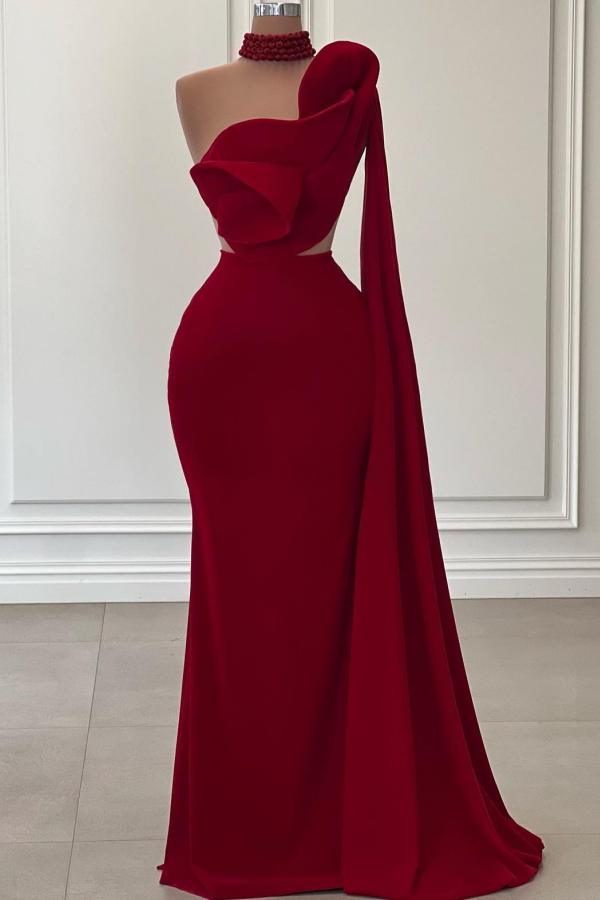 Burgundy Long Mermaid One Shoulder Satin Prom Dresses with Flowers