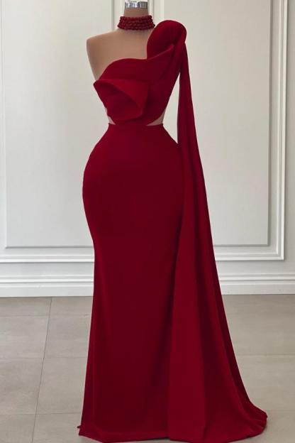 Burgundy Long Mermaid One Shoulder Satin Prom Dresses with Flowers