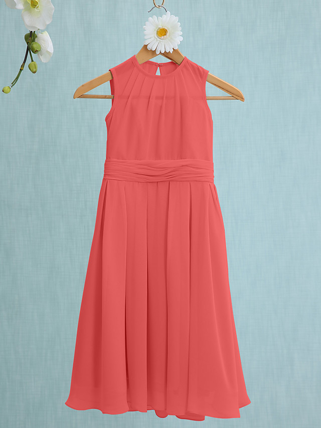 Sky Blue Long A-line Jewel Neck Knee Length Chiffon Junior Bridesmaid Dress