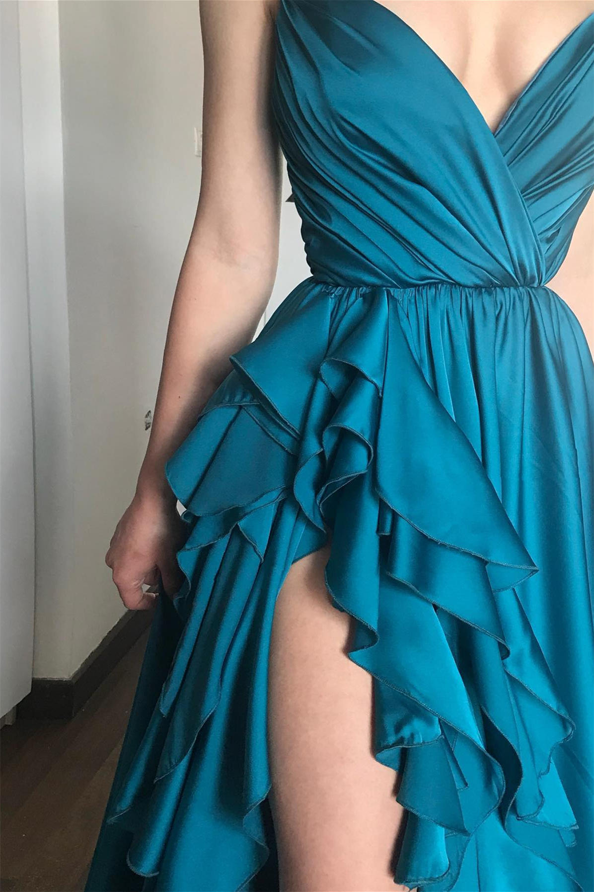Long A-line Spaghetti Straps V-Neck Tiered Satin Prom Dress with Slit