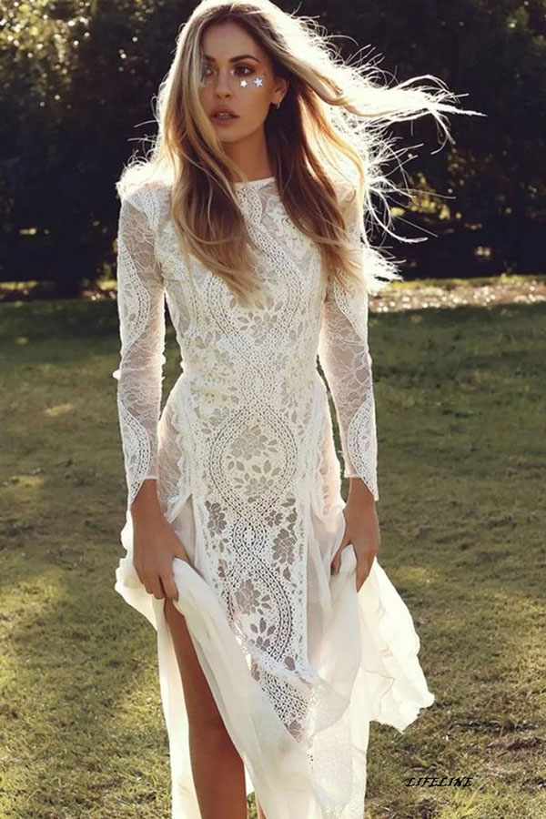 Elegant Long Sleeve Lace Sheath Wedding Dress