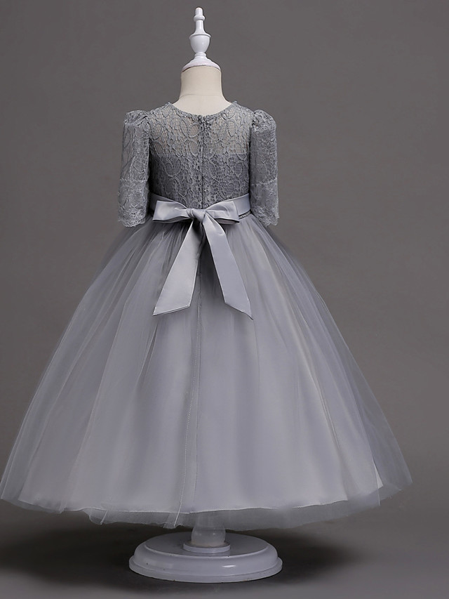 Princess Tea Length Wedding / First Communion Flower Girl Dresses - Lace / Satin / Tulle Half Sleeve Jewel Neck With Lace / Belt / Beading