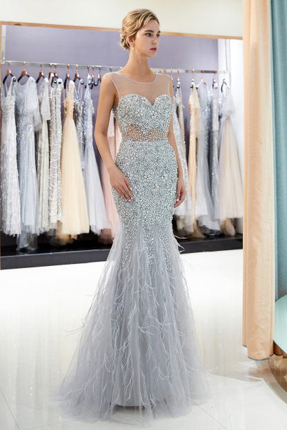 Long Sleeveless Mermaid Sequined Tulle Evening Dresses