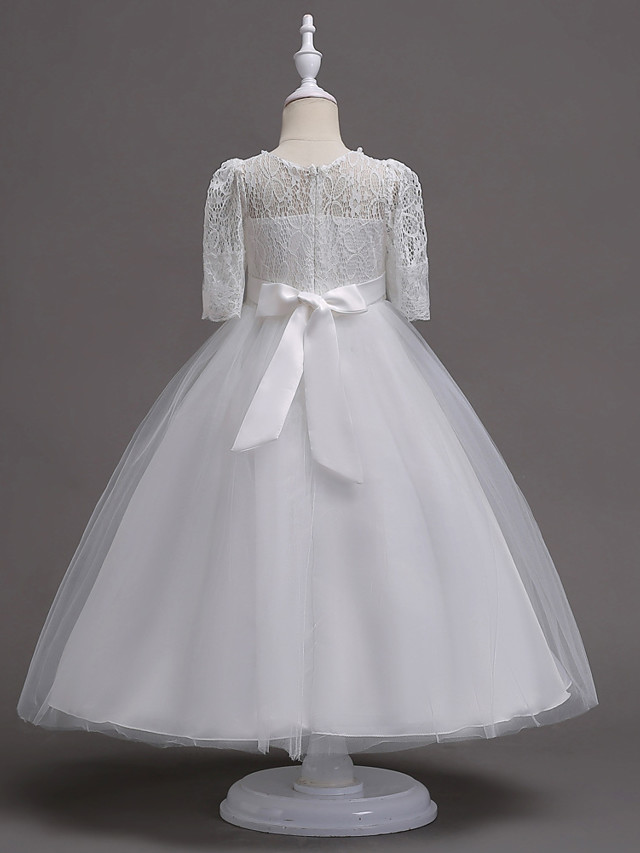 Princess Tea Length Wedding / First Communion Flower Girl Dresses - Lace / Satin / Tulle Half Sleeve Jewel Neck With Lace / Belt / Beading
