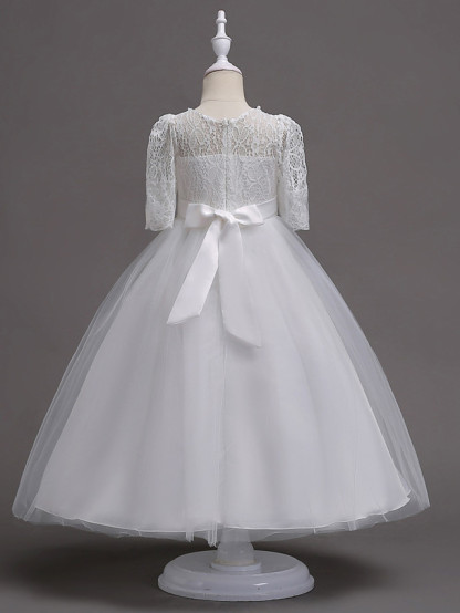 Princess Tea Length Wedding / First Communion Flower Girl Dresses - Lace / Satin / Tulle Half Sleeve Jewel Neck With Lace / Belt / Beading