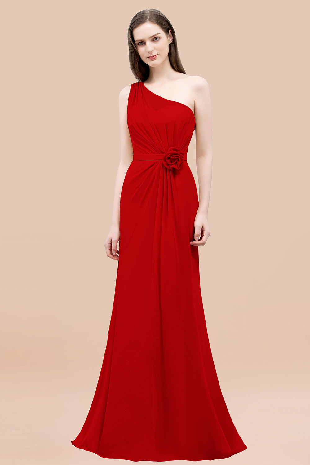Mermaid Chiffon One-shoulder Sleeveless Ruffled Floor-Length Bridesmaid Dresses with Flower