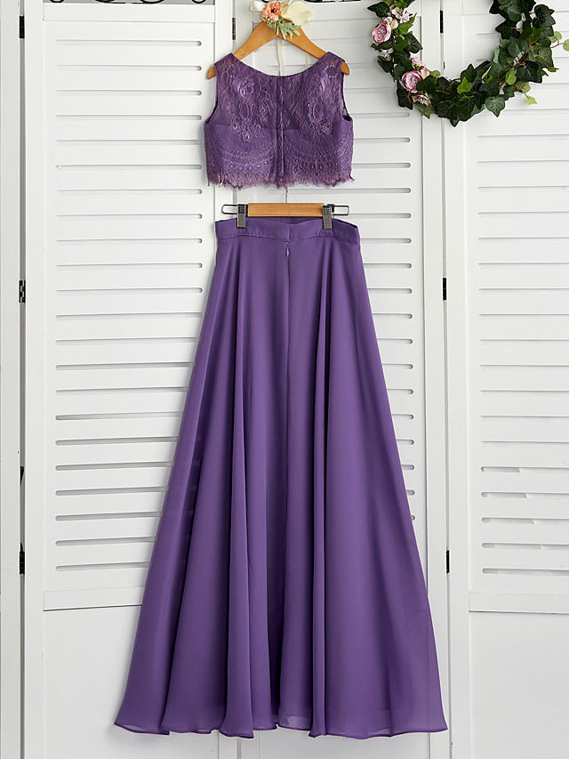 Long A-line Two Piece Chiffon Lace Junior Bridesmaid Dress