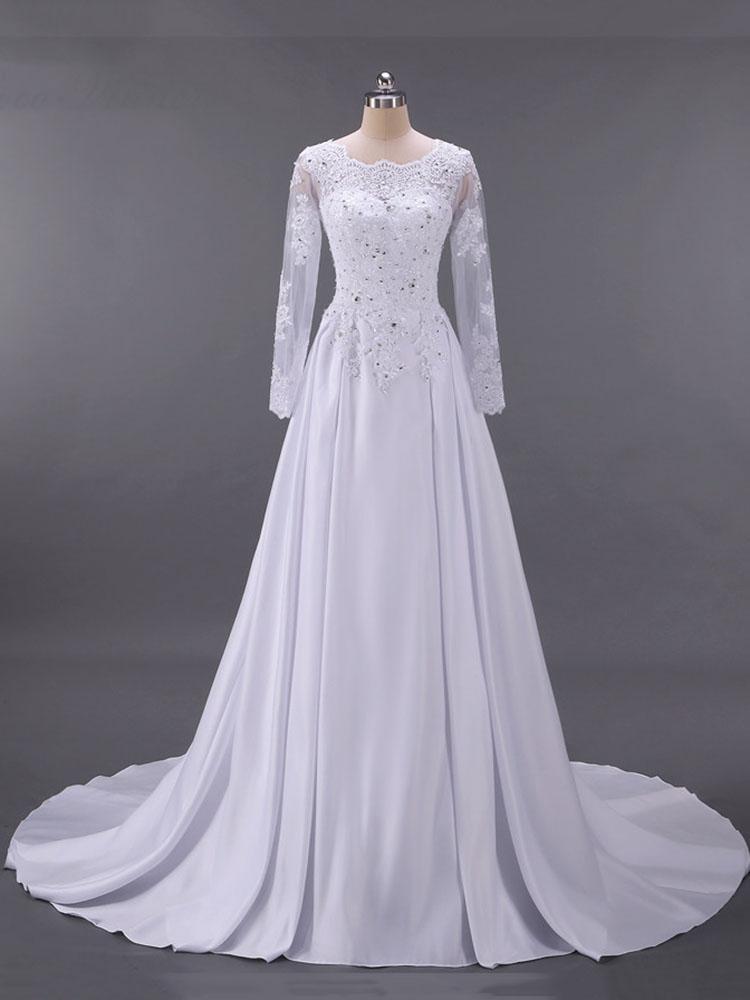 Long Sleeves Beaded Zipper Sweep Train Wedding Dresses