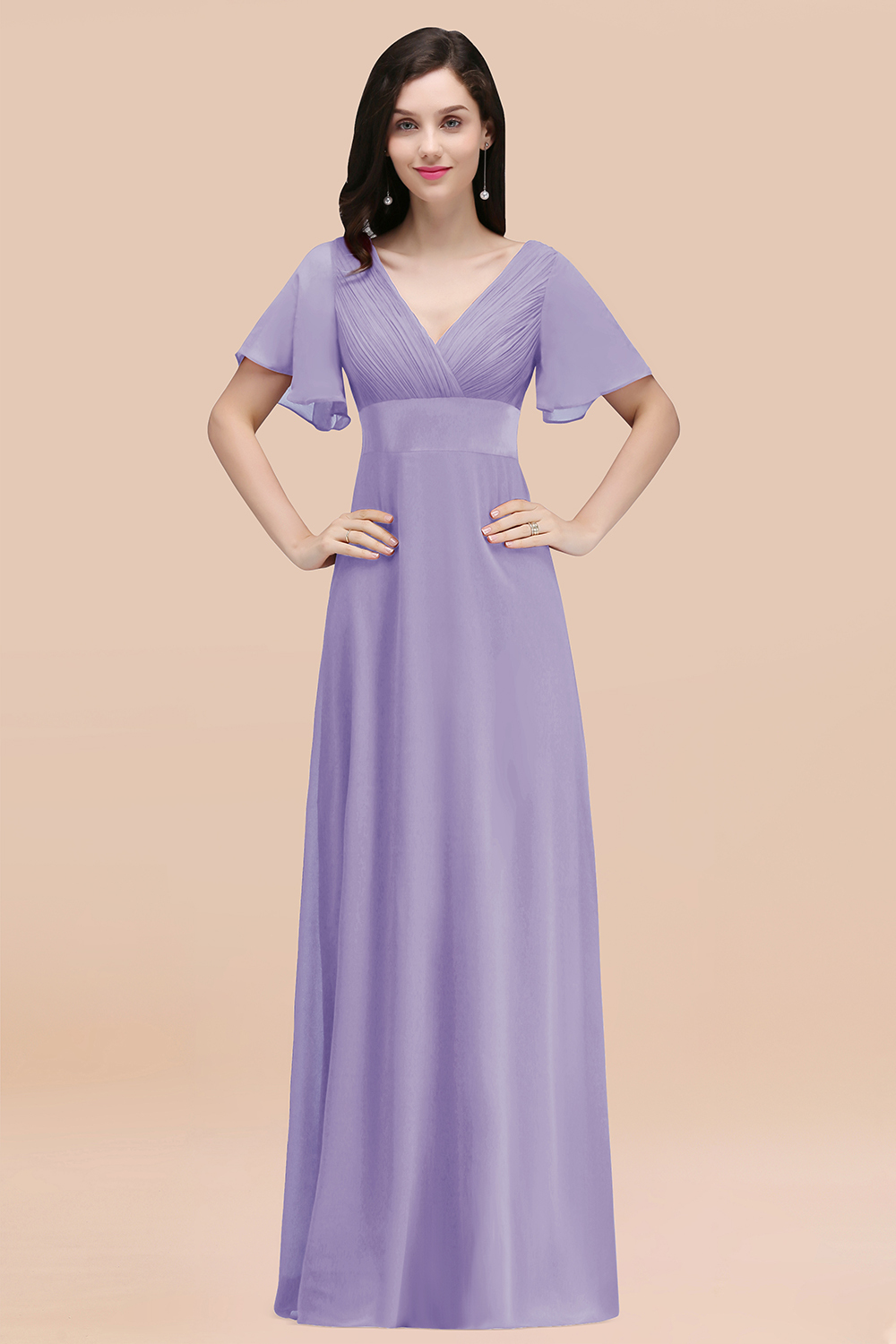 Simple A-Line Chiffon V-Neck Short-Sleeves Ruffles Floor-Length Bridesmaid Dresses
