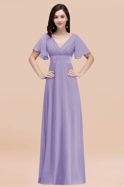 Simple A-Line Chiffon V-Neck Short-Sleeves Ruffles Floor-Length Bridesmaid Dresses