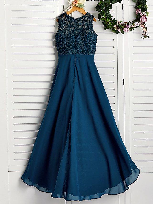 A-Line Jewel Neck Asymmetrical / Tea Length Chiffon / Lace Junior Bridesmaid Dress With Lace