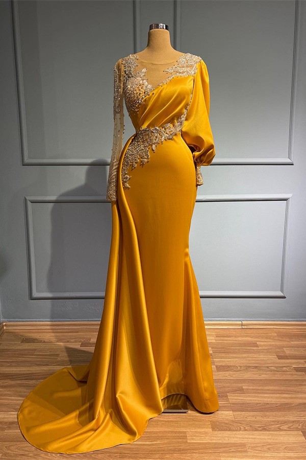 knee length dresses for ladies Ginger yellow Long-sleeves Metallic Beaded Mermaid Prom Dress High-nec –  Dbrbridal