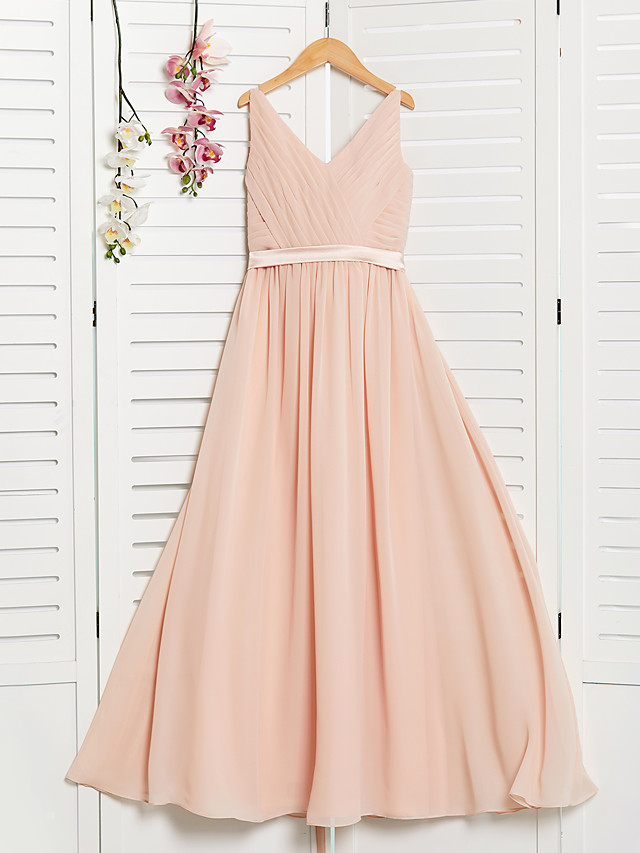 A-Line V Neck Maxi Chiffon Junior Bridesmaid Dress With Sash / Ribbon / Ruching