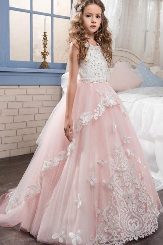 White Scoop Neck Sleeveless Ball Gown Flower Girls Dress