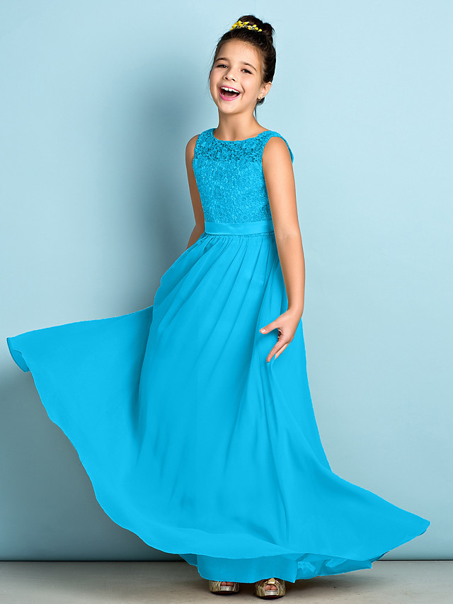 A-Line Scoop Neck Floor Length Chiffon / Lace Junior Bridesmaid Dress With Lace / Natural / Mini Me