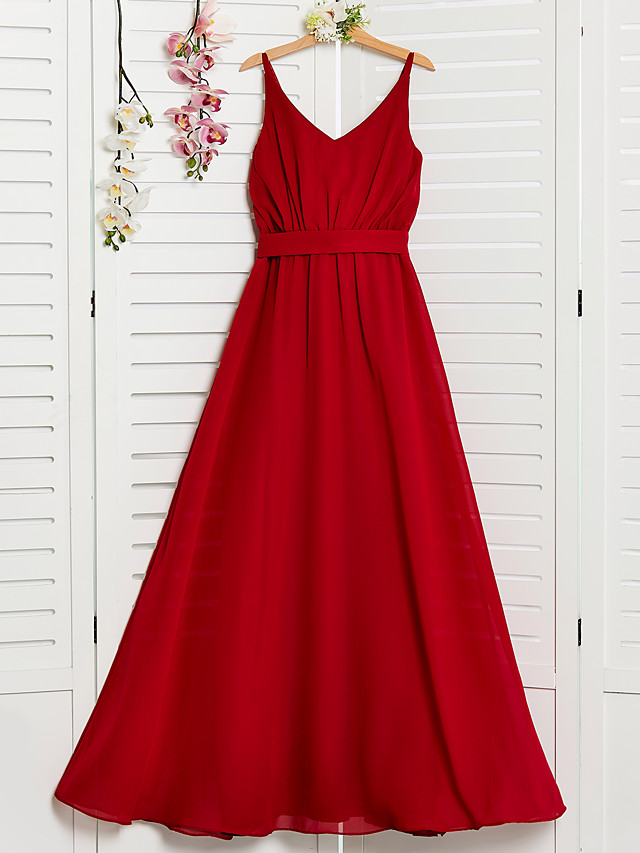 A-Line Spaghetti Strap Floor Length Chiffon Junior Bridesmaid Dress With Sash / Ribbon / Ruching