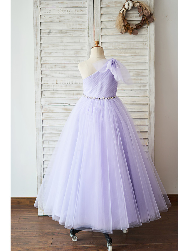 Ball Gown Floor Length Wedding / Birthday Flower Girl Dresses - Tulle Sleeveless One Shoulder With Belt / Bow(S)
