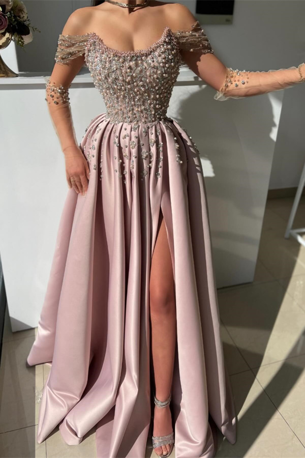 Elegant Long A-line Off the Shoulder Satin Beading Formal Evening Dresses with Slit