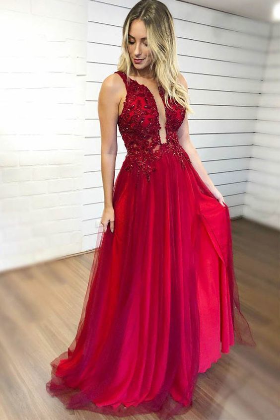 Decent Red Beading V-neck Sleeveless A-Line Prom Dresses with Slit