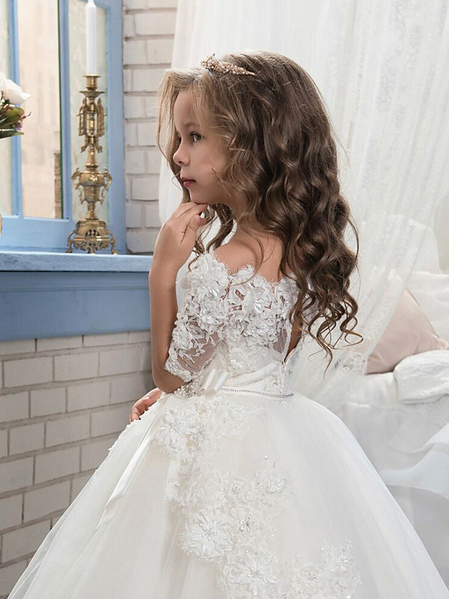 Ball Gown Tulle Half Sleeve Lace Floor Length Flower Girl Dresses