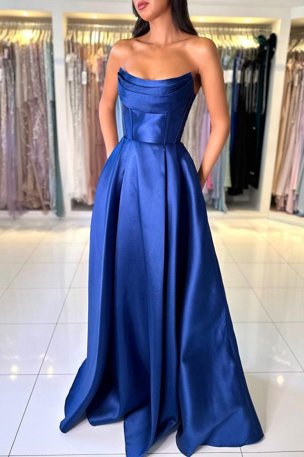 Off The Shoulder Empire Open Back Satin Blue Floor Length Prom Dress with Ruffles