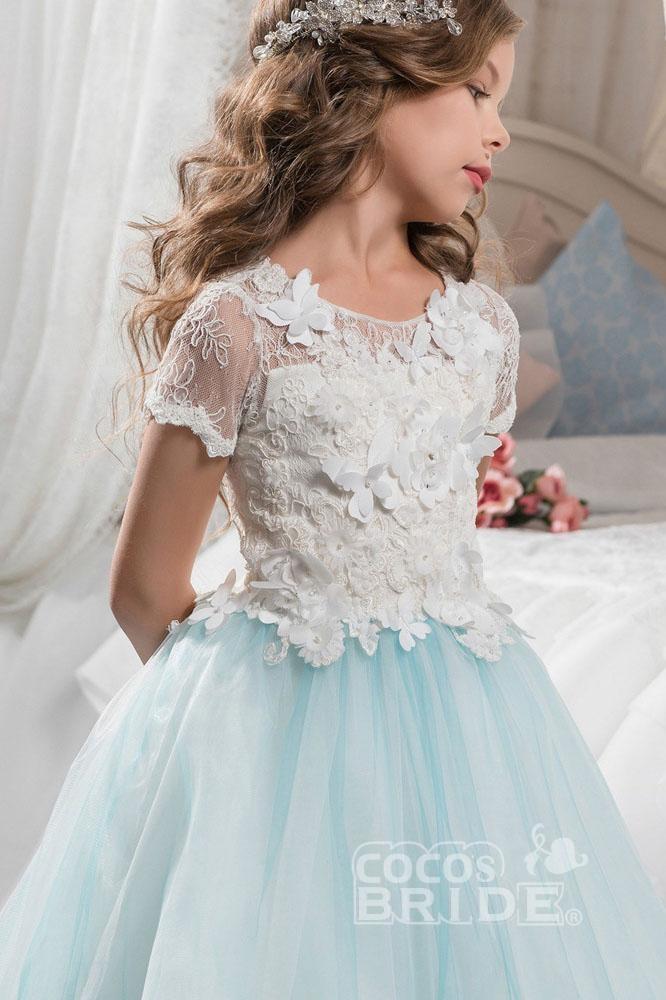 Pink Scoop Neck Short Sleeves Ball Gown Flower Girl Dress