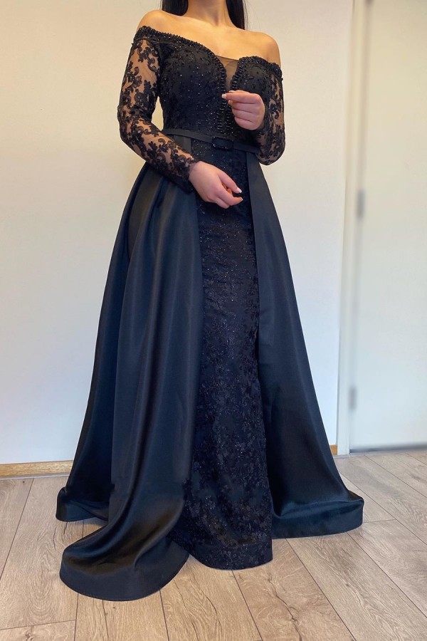 Long A-line Off the Shoulder Lace Detachable Black Formal Dress with Sleeves