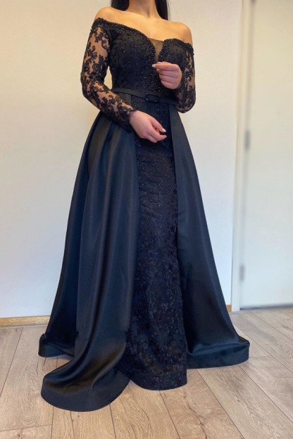 Long A-line Off-the-shoulder Lace Detachable Prom Dress with Sleeves