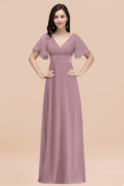 Simple A-Line Chiffon V-Neck Short-Sleeves Ruffles Floor-Length Bridesmaid Dresses