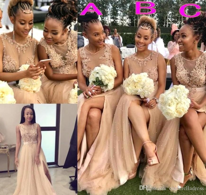Charming Tulle Lace Appliques Pearl A-Line Bridesmaid Dress With Side Slit