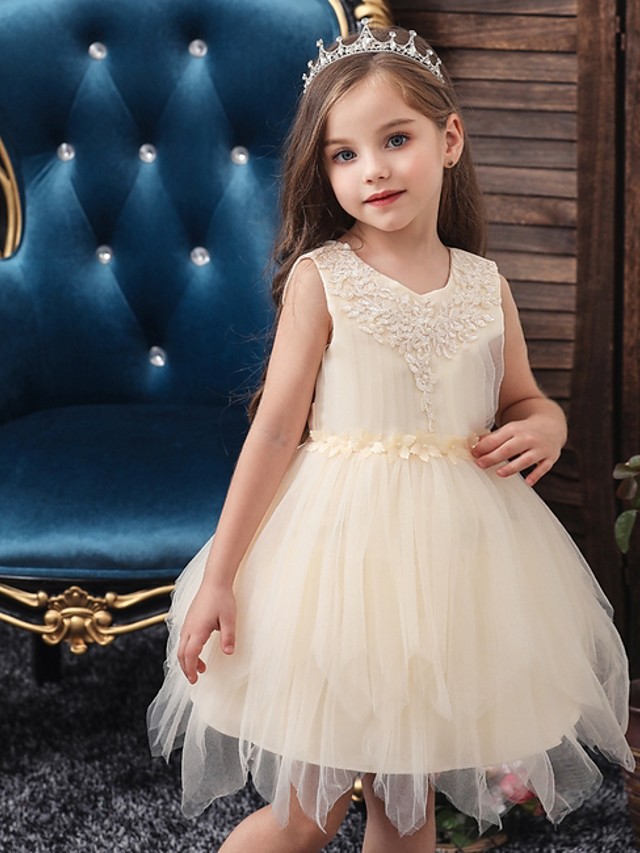 Princess / Ball Gown Short / Mini Wedding / Party Flower Girl Dresses - Tulle Sleeveless Jewel Neck With Sash / Ribbon / Appliques