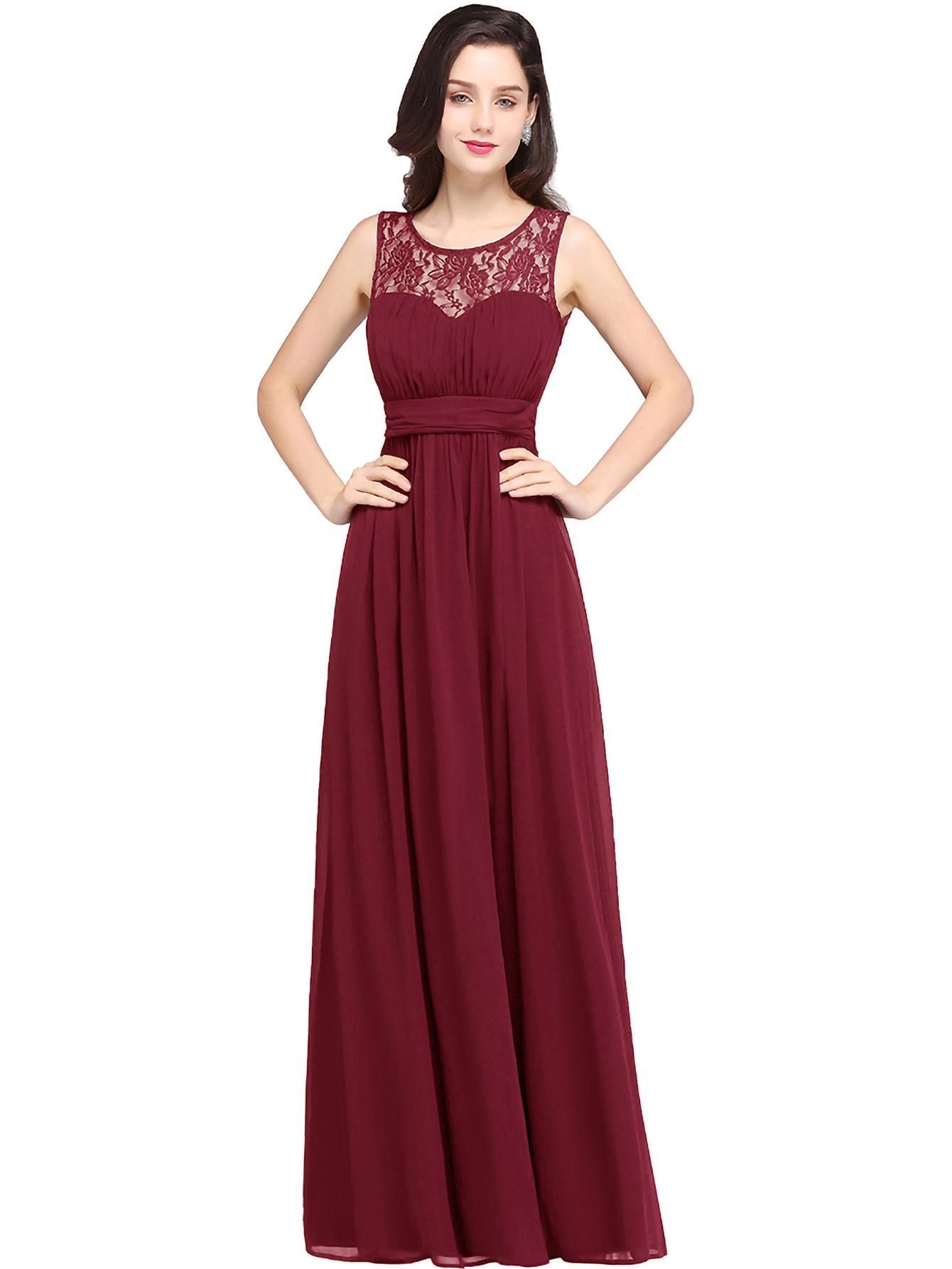 A-line Crew Neck Chiffon Floor Length Formal Dresses Sleeveless Bridesmaid Dress