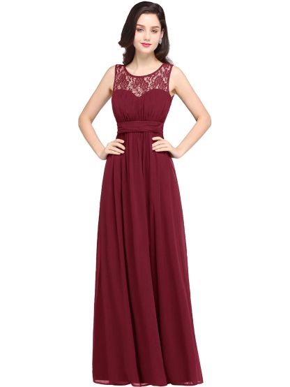 A-line Crew Neck Chiffon Floor Length Formal Dresses Sleeveless Bridesmaid Dress
