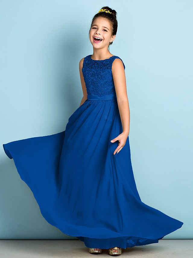 A-Line Scoop Neck Floor Length Chiffon / Lace Junior Bridesmaid Dress With Lace / Natural / Mini Me
