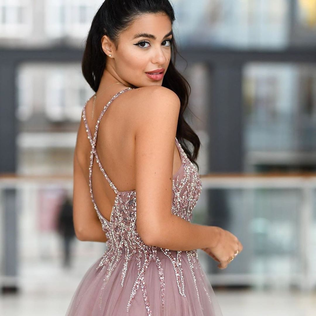 Long A-line V-neck Sparkle Sequined Criss-cross Back Prom Dress with Slit