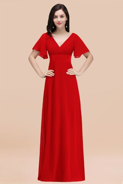 Simple A-Line Chiffon V-Neck Short-Sleeves Ruffles Floor-Length Bridesmaid Dresses
