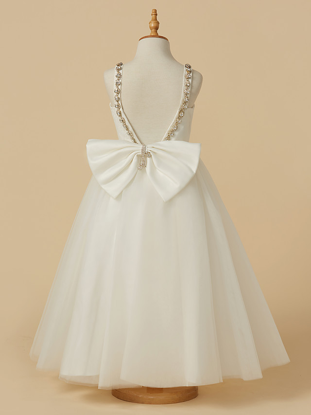 A-Line Ankle Length Wedding / First Communion Flower Girl Dresses - Lace / Tulle Sleeveless Straps With Bow(S) / Beading