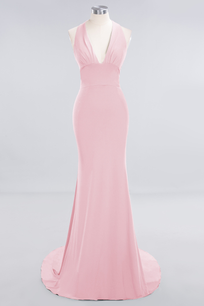 Elegant Halter Deep V-neck Open Back Floor-length Mermaid Prom Dress